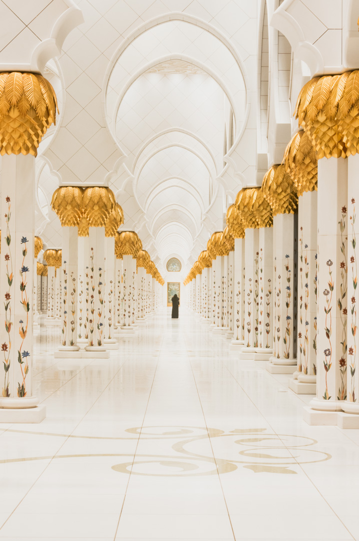 A female illuminated by the lights at the Sheik Zayed Grand Mosque in Abu Dhabi, United Arab Emirates. Photographed by 8d Photos based in Clermont, Florida, USA.