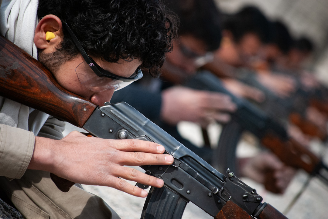 Afghan security forces training with AK47s at Camp Watan, Kabul, Afghanistan